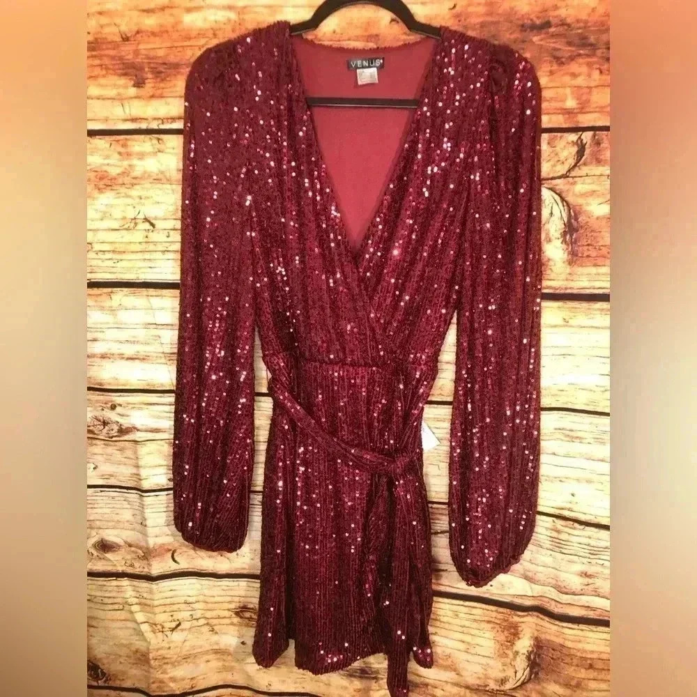 🍒💃🏻Cherry Bomb💃🏻🍒 Red Burgundy Long sleeve Sequin Wrap Dress NWT - Picture 4 of 14